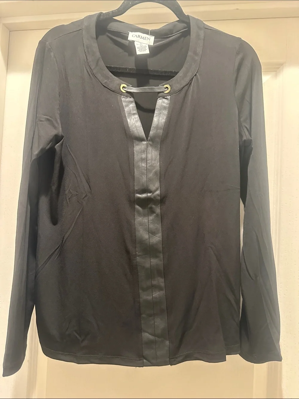 Carmen Marc Valvo Black Long Sleeve Mixed-Media Top - Picture 2 of 3